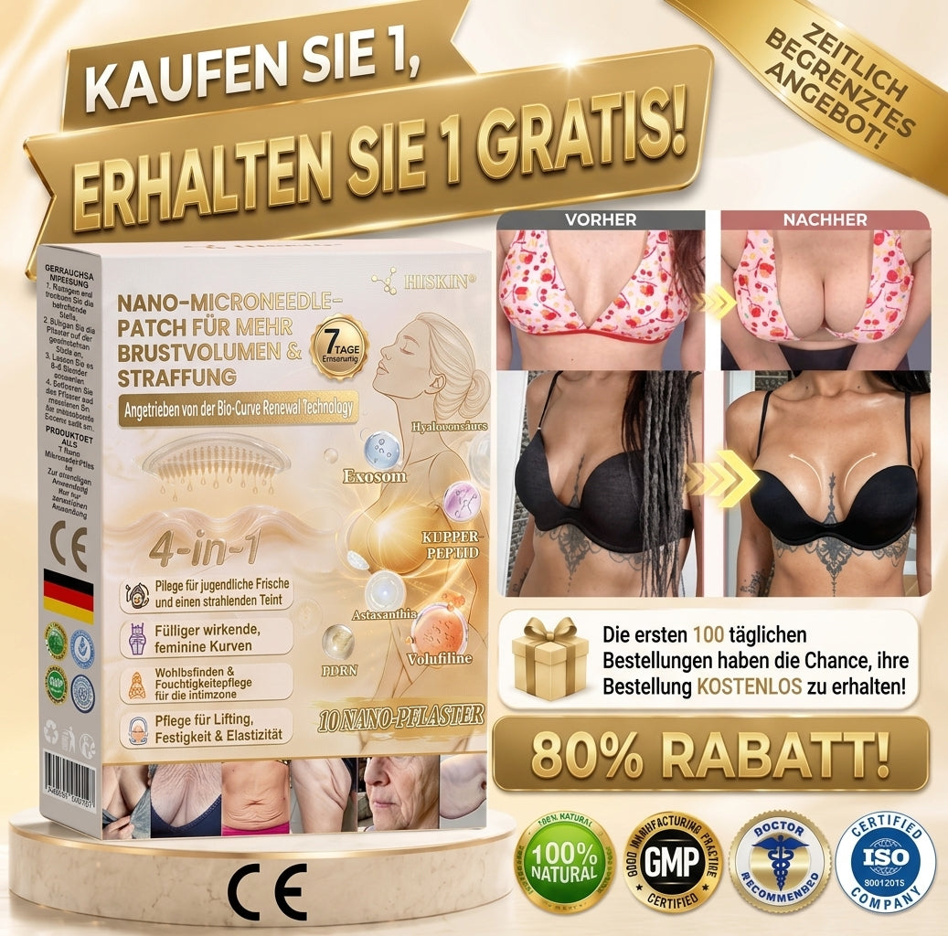 HISKIN® Nano-Mikronadel-Pflaster für mehr Brustvolumen, Lifting & Straffung – Volufiline-, Exosomen- und Kupferpeptid-Formel mit Zell-Erneuerungstechnologie