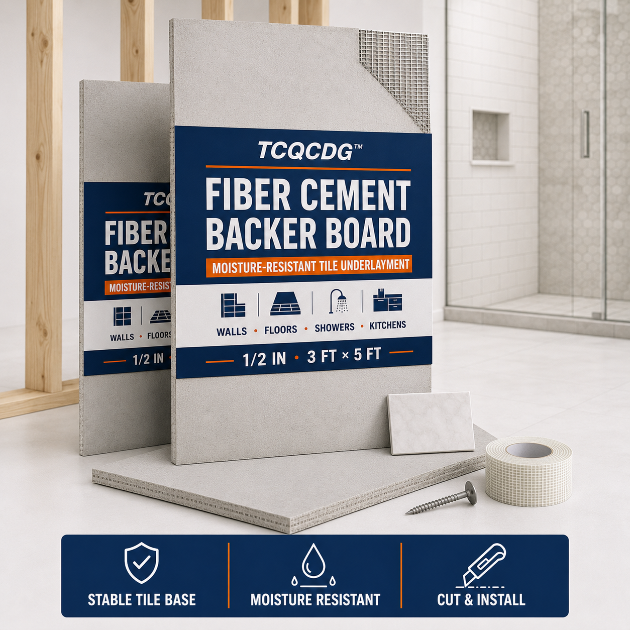 TCQCDG™ Fiber Cement Backer Board – Moisture-Resistant Tile Underlayment for Bathrooms, Showers, Kitchens, Walls & Floors